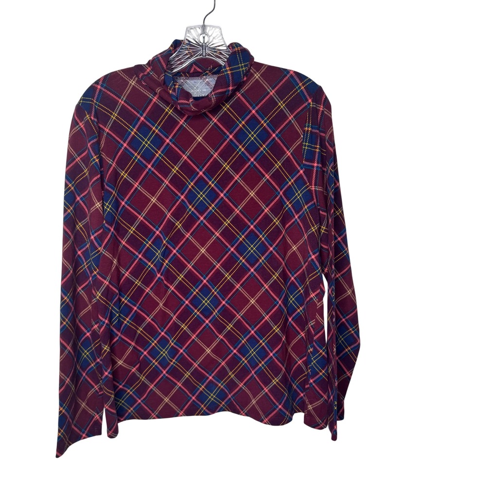 Talbots Tee Women XL Burgundy Plaid Turtleneck Long Sleeve Cotton Blend Top‎
